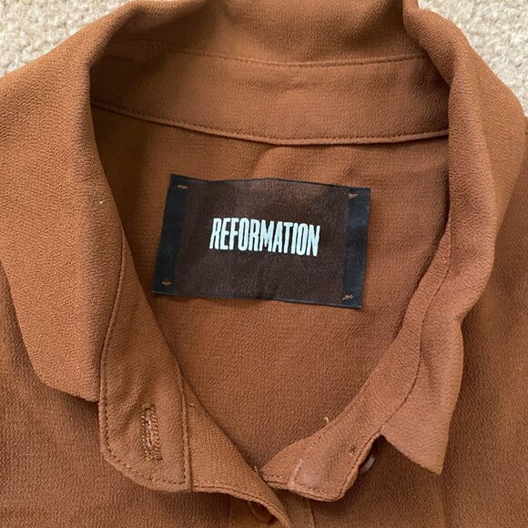 REFORMATION Long Sleeve Button Up Sheer Top Bow Cuffs Women's XS Rich Brown - Picture 11 of 13